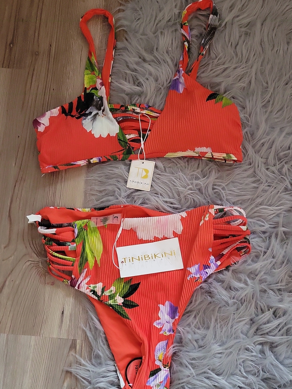 TiniBikini Coral Floral Strappy Ribbed Bikini